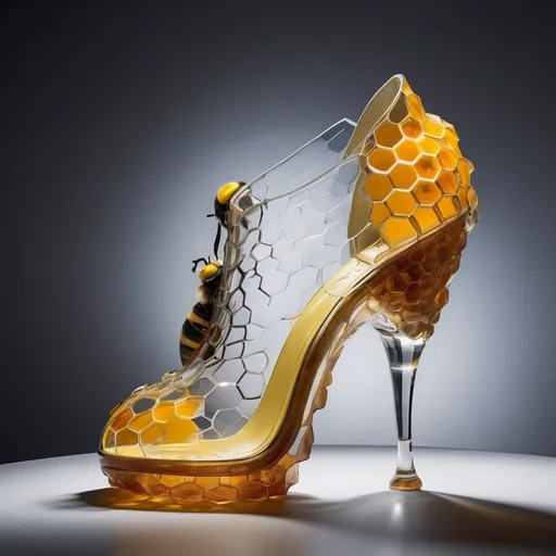 Prompt: Experimental glass shoes, avant-garde, high-concept, cutting edge, unconventional materials, crystal bee and honeycomb motif, professional lighting, high quality photography 