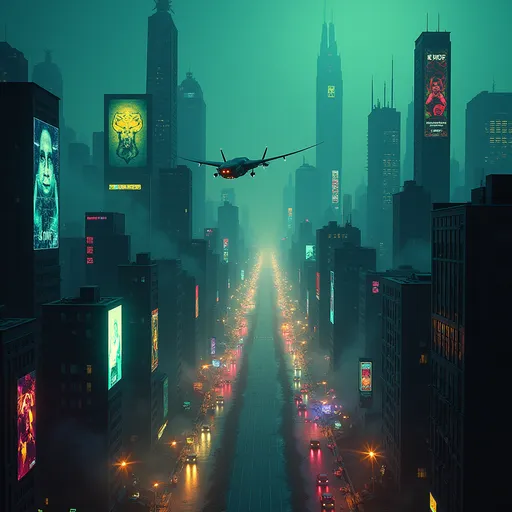 Prompt: (Dystopian futuristic cityscape), sprawling skyline, (yellow, blue, green, purple neon lights), (holographic advertisements), flying cars, (dark, moody atmosphere), (futuristic architecture), rich contrast, shadowy undertones, (4K ultra-detailed), cinematic lighting, atmospheric perspective, vibrant colors amidst darkness, immersive and chilling vibe, intricate details in architecture.