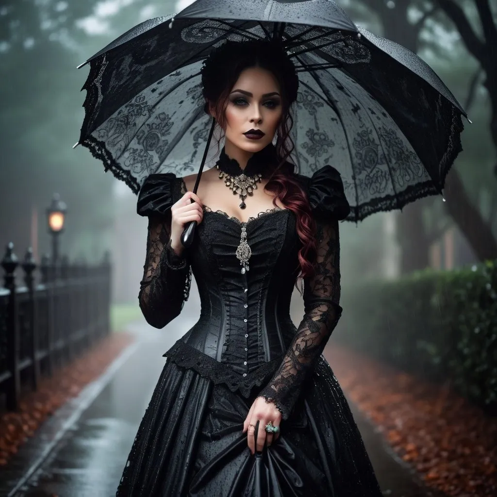 Prompt: Victorian gothic woman standing in the rain holding an umbrella , full body, detailed lace gown, intricate jewelry, hauntingly beautiful, high quality, gothic, vintage, dramatic lighting, dark color tones