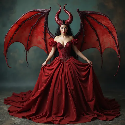 Prompt: Beautiful demon, intriguing gown