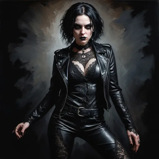 Prompt: Full body detailed action portrait of goth woman, oil painting, dynamic pose, dramatic lighting, high contrast, detailed lace and leather textures, intense expression, dark and moody atmosphere, professional, highres, oil painting, goth, dynamic pose, dramatic lighting, detailed textures, intense expression, dark atmosphere