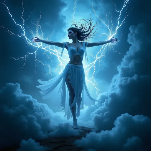 Prompt: Lightening goddess, (ethereal), (mystical lighting), surrounded by stormy clouds, bright flashes of light illuminating her figure, striking poses, vibrant contrasts of deep blues and electric whites, (ultra-detailed) composition, powerful and fierce expression, embodying freedom and strength amidst the tempest, textured cloudscapes in the background.