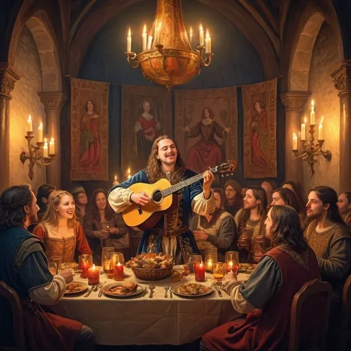 Prompt: Bard performing at a feast, Middle Ages, oil painting, richly decorated throne room, intricate medieval clothing,skilled musician, vibrant colors, realistic, historical art, candlelit ambiance