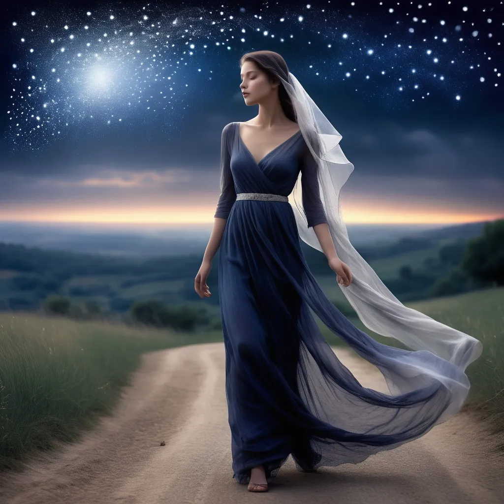 Prompt: (beautiful woman) walking gracefully under a starlit sky, (melancholic mood), deep indigo and shimmering silver tones, soft ethereal glow, a delicate veil of night softly surrounding her, gentle whispers of a cool breeze, capturing a moment of quiet elegance, (highly detailed), enchanting landscape in the background, timeless and romantic atmosphere.