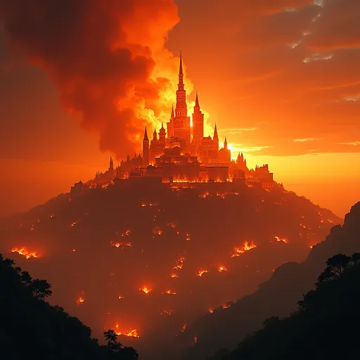 Prompt: shining city on the hill engulfed in flames, dramatic orange and crimson hues contrasting with vibrant golden light, smoky atmosphere, intense fiery glow against twilight sky, a sense of chaotic beauty, intricate architectural details distorted by heat, surreal ambiance, high-quality, 4K, ultra-detailed, emotional contrast between hope and destruction.