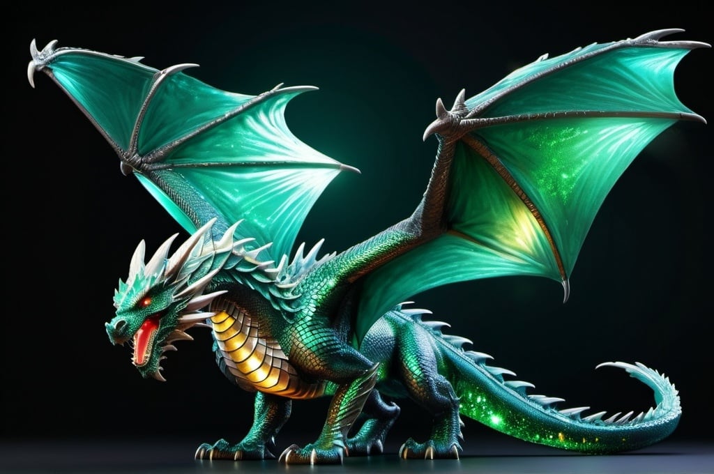 Prompt: Full size dragon with emerald crystalline scales, realistic 3D rendering, majestic and powerful pose, intricate details, high quality, fantasy, jewel tones, detailed scales, glowing eyes, large wingspan, ethereal atmosphere, mystical lighting