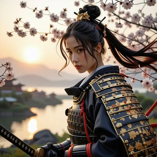 Prompt: (Female samurai), striking pose, detailed armor adorned with intricate patterns, fierce expression, dramatic flowing hair, (vibrant colors), traditional katana in hand, (dynamic composition), set against a serene Japanese landscape with cherry blossoms, the sun setting in the background, overall atmosphere: powerful and majestic, ultra-detailed, HD quality.