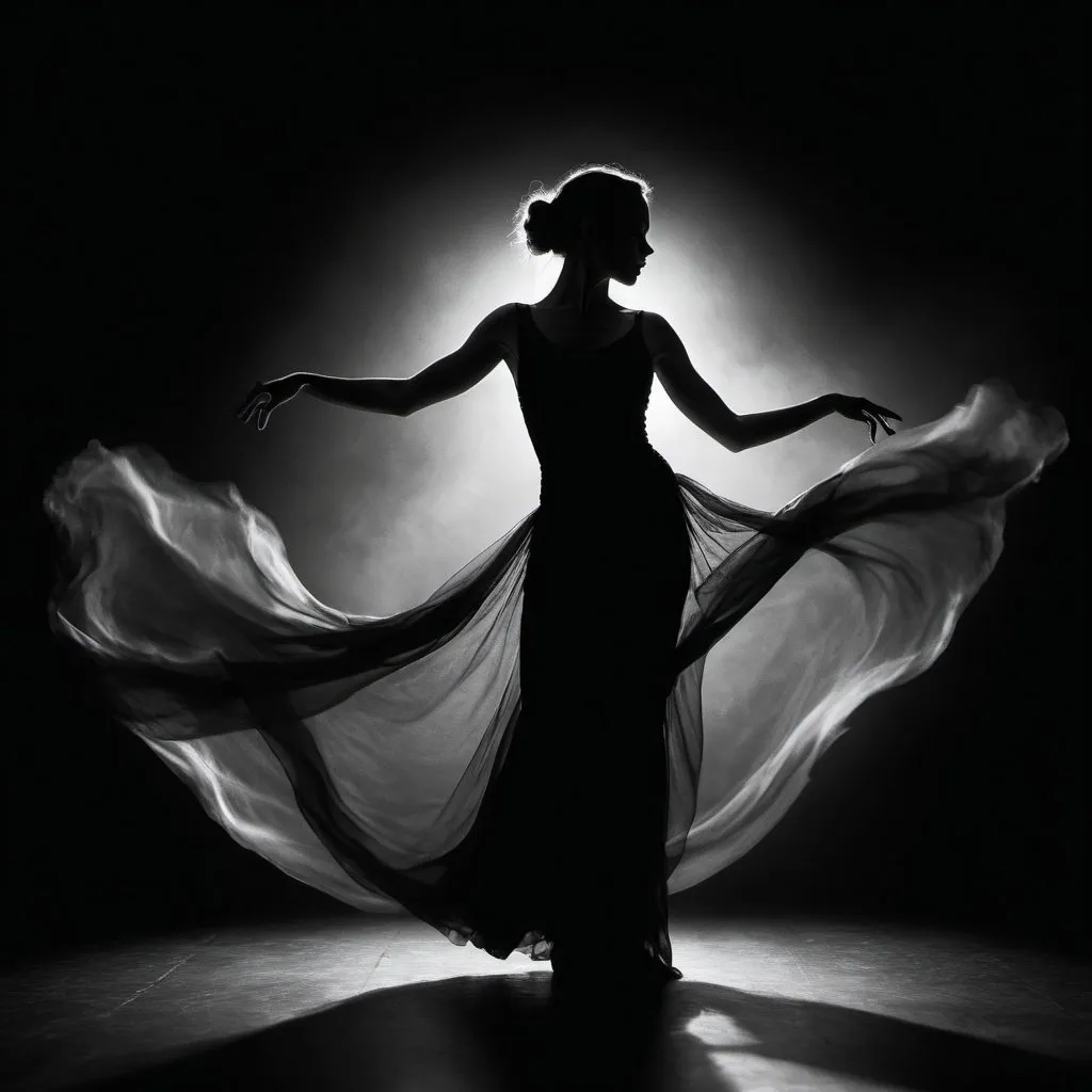 Prompt: Dramatic, mystical dance performance in the dark, silhouette of flowing movements, low-light atmosphere, high contrast, fine art, professional photography, mysterious, elegant, expressive poses, captivating shadow play, black and white, high quality, high contrast, mystical, elegant, expressive, professional photography, fine art, low-light atmosphere