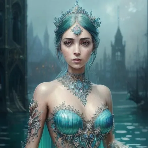 Prompt: Intricately detailed front facing elaborate beautiful mermaid, intricate glistening face, bright eyes, prismatic crystal clear dress, long hair, hyperdetailed painting by Ismail_Inceoglu Tom Bagshaw Dan Witz CGSociety ZBrush Central fantasy art 4K, under water Crystal Palace in background digital painting, digital illustration, extreme detail, digital art, ultra hd, vintage photography, beautiful, tumblr aesthetic, retro vintage style, hd photography, hyperrealism, extreme long shot, telephoto lens, motion blur, wide angle lens, deep depth of field, warm, anime Character Portrait, Symmetrical, Soft Lighting, Reflective Eyes, Pixar Render, Unreal Engine Cinematic Smooth, Intricate Detail, anime Character Design, Unreal Engine, Beautiful, Tumblr Aesthetic,  Hd Photography, Hyperrealism, Beautiful Watercolor Painting, Realistic, Detailed, Painting By Olga Shvartsur, Svetlana Novikova, Fine Art