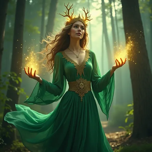 Prompt: (mystical depiction of Circe), enchanting, sorceress with flowing robes, surrounded by a captivating forest, casting spells, vibrant colors of green and gold, (magical aura), ethereal and surreal atmosphere, soft glowing lights through trees, intricate details in her facial expression, wisps of smoke, high-quality 4K, (fantasy art).