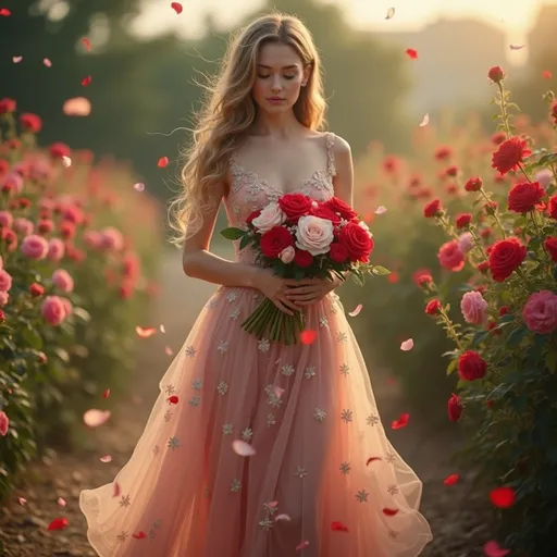 Prompt: Lady of the roses, (ethereal beauty), holding a bouquet of vibrant red and white roses, surrounded by a lush garden of blooming flowers, (soft, warm light), wearing a flowing gown adorned with floral patterns, (dreamy ambiance), delicate petals gently falling around her, (4K), (ultra-detailed), capturing a sense of tranquility and grace.