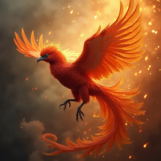 Prompt: (High detailed nature portrait), (majestic phoenix), vibrant fiery colors, intricate feathers blending with glowing embers, ethereal atmosphere enhanced by dramatic lighting, background of swirling flames and smoke creating a dynamic scene, soft golden undertones adding warmth, ultra-detailed, hyper-realistic, photorealistic, capturing the essence of this mythical creature in a breathtaking tableau.