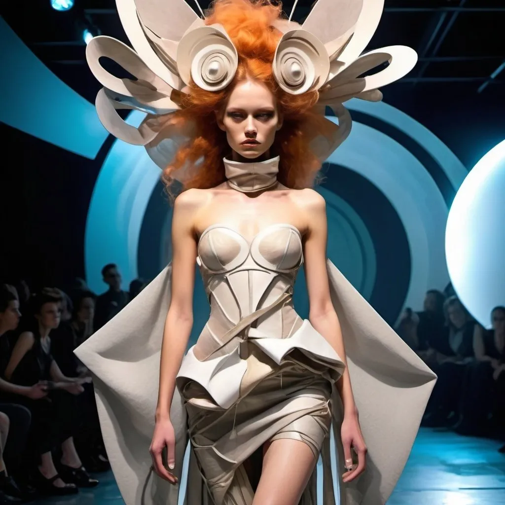 Prompt: Experimental fashion show , avant-garde, surreal, high-concept, futuristic materials, unconventional textures and fabrics, abstract lighting, high quality, ultra-modern