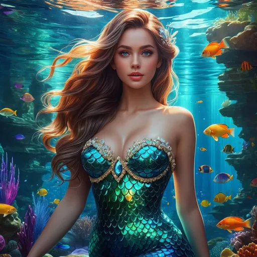 Prompt: Intricately detailed front facing elaborate beautiful mermaid, intricate glistening face, bright eyes, prismatic crystal clear dress, long hair, hyperdetailed painting by Ismail_Inceoglu Tom Dan , CGSociety, ZBrush Central, fantasy art 4K, under water Crystal Palace in background digital painting, digital illustration, extreme detail, digital art, ultra hd, vintage photography, beautiful, tumblr aesthetic, retro vintage style, hd photography, hyperrealism, extreme long shot, telephoto lens, motion blur, wide angle lens, deep depth of field, warm, anime Character Portrait, Symmetrical, Soft Lighting, Reflective Eyes, Pixar Render, Unreal Engine Cinematic Smooth, Intricate Detail, anime Character Design, Unreal Engine, Beautiful, Tumblr Aesthetic,  Hd Photography, Hyperrealism, Realistic, Detailed, Olga Shvartsur, Svetlana Novikova, Fine Art