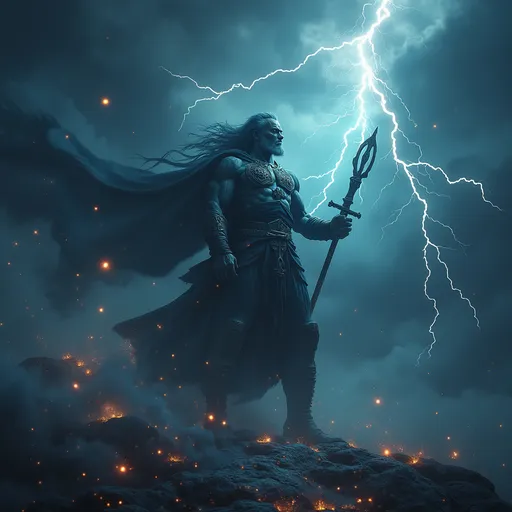 Prompt: (4K), photorealistic, celestial themed fantasy, dynamic storm scene, dark ominous clouds and vibrant lightning, the essence of "Tempest" capturing raw power, dramatic contrasts between shadows and light, immersive deep hues, epic atmosphere, mystical elements, detailed textures and dynamic action, an imposing figure embodies the fierceness of the tempest.