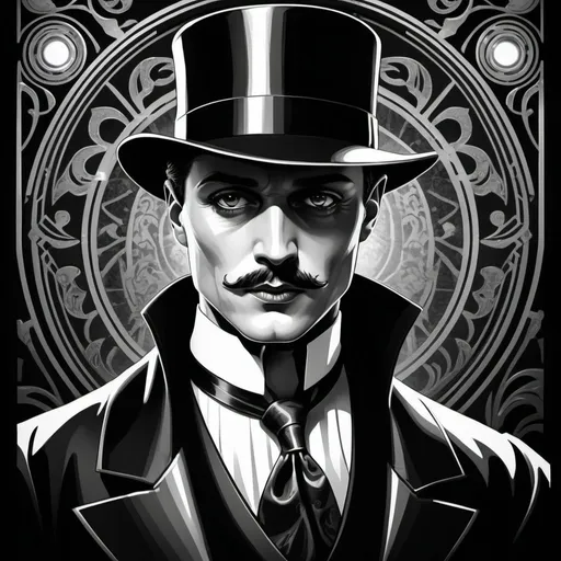 Prompt: Jack the Ripper in art deco style, elegant and intricate designs, classic horror, vintage black and white, retro Hollywood glamour, high contrast, elegant and detailed, art deco, vintage, monochrome, dramatic lighting