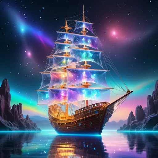 Prompt: The Crystal Ship, (ethereal and shimmering), adorned with glistening crystals, reflecting refracted light in a spectrum of colors, set against a starry night sky. Enveloped in a soft glow, (dreamlike ambiance), gently floating on serene waters, creating an enchanting atmosphere. Emphasizing high detail, 4K resolution, capturing the magic and wonder of this fantastical vessel sailing through a mystical realm.