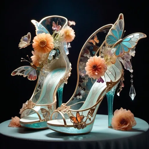 Prompt: Experimental glass shoes, avant-garde, high-concept, cutting edge, unconventional textures and materials, crystals, butterflies, flowers, professional lighting, high quality photography 