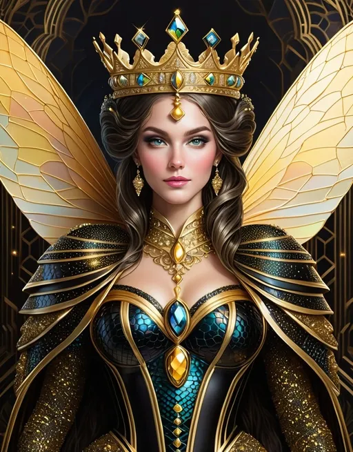 Prompt: Queen bee, regal and commanding stance, intricate gold and black stripes, detailed wings with shimmering iridescence, elegant and ornate crown, luxurious honeycomb background, high quality, realistic