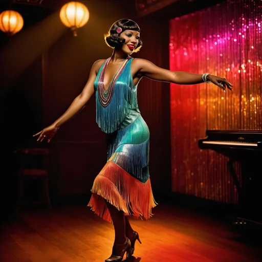 Prompt: Flapper dancing in a 1920s jazz-age nightclub, vibrant and colorful, full body, African American , shimmering fringe dress, confident posture, smoky and dim lighting, high quality, vibrant colors, glamorous, 1920s, jazz-age, confident stance, dim lighting, nightlife