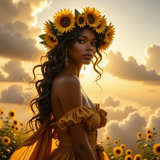 Prompt: (breathtaking Sun goddess), divine radiance, ethereal beauty, majestic presence, golden light illuminating the surroundings, floral crown adorned with sunflowers, flowing gown that resembles sunrays, celestial aura, vibrant colors, warm and inviting, serene expression, surrounded by clouds of warm pastel hues, tranquil atmosphere, sundrenched landscape, high detail, 4K quality.