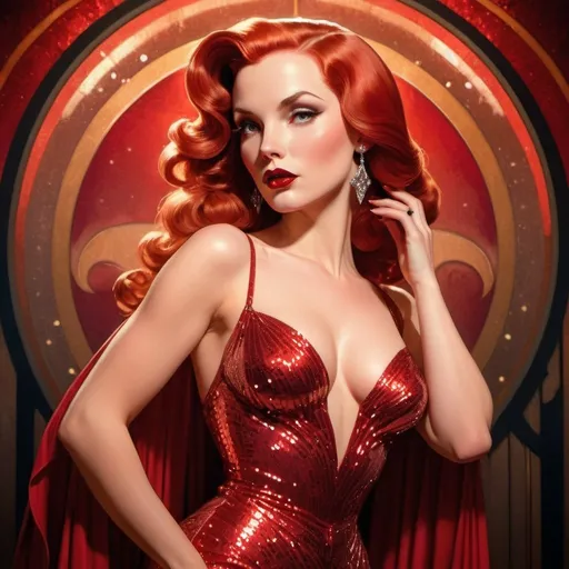 Prompt: Classic beauty, femme fatale, glamorous, full body, intense gaze, captivating eyes, mysterious, high quality, detailed, Jessica Rabbit performance, red sequined evening gown, sleek design, elegant, artistic, vintage, film noir, dramatic lighting, enchanting, attractive, alluring, highres, detailed, professional, glamorous lighting