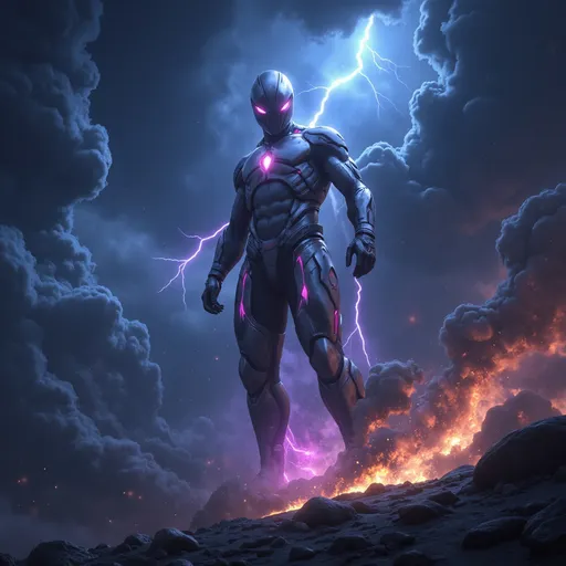 Prompt: (4K), photorealistic, celestial themed fantasy, dynamic storm scene, dark ominous clouds and vibrant lightning, the essence of "Tempest" capturing raw power, dramatic contrasts between shadows and light, immersive deep hues, epic atmosphere, mystical elements, detailed textures and dynamic action, an imposing figure embodies the fierceness of the tempest.