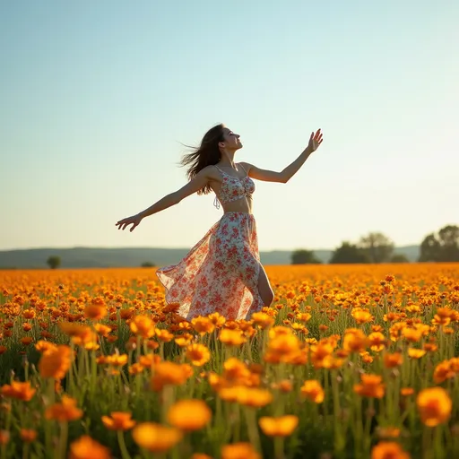 Prompt: Woman twirling in a Field of (bright, vibrant) Heliopsis flowers of all colors, (sunlit) meadow, soft blue sky above, subtle sunlight casting gentle shadows, (ultra-detailed), expansive landscape stretching into the horizon, (dynamic) nature scene, inviting and serene ambiance.