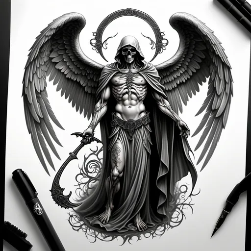 Prompt: Male Angel of death tattoo flash, (intricate design), dark and ethereal tones, (highly detailed), dramatic symbolism, flowing robes, a scythe, winged figure, mystical aura, (bold outlines), rich textures and shading, captivating yet somber vibe, (black and gray), (4K ultra-detailed).