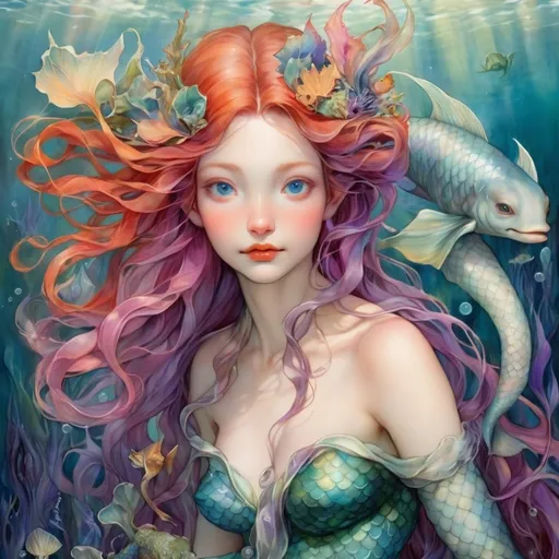 Prompt: Mermaids (fantastical creatures), inspired by Brian Froud’s whimsical style, vibrant colors, ethereal atmosphere, lush underwater scenery, detailed scales and flowing hair, intricate ocean flora and fauna