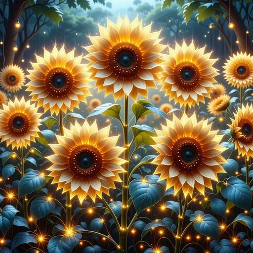 Prompt: Electric sunflowers, (vibrant colors), glowing petals, (intricate electric circuit patterns) within the flowers, (dynamic lighting) radiating energy, a futuristic garden setting, warm golden light illuminating the scene, serene ambiance, filled with high-quality details, harmonious blend of nature and technology, ultra-detailed, enchanting atmosphere.