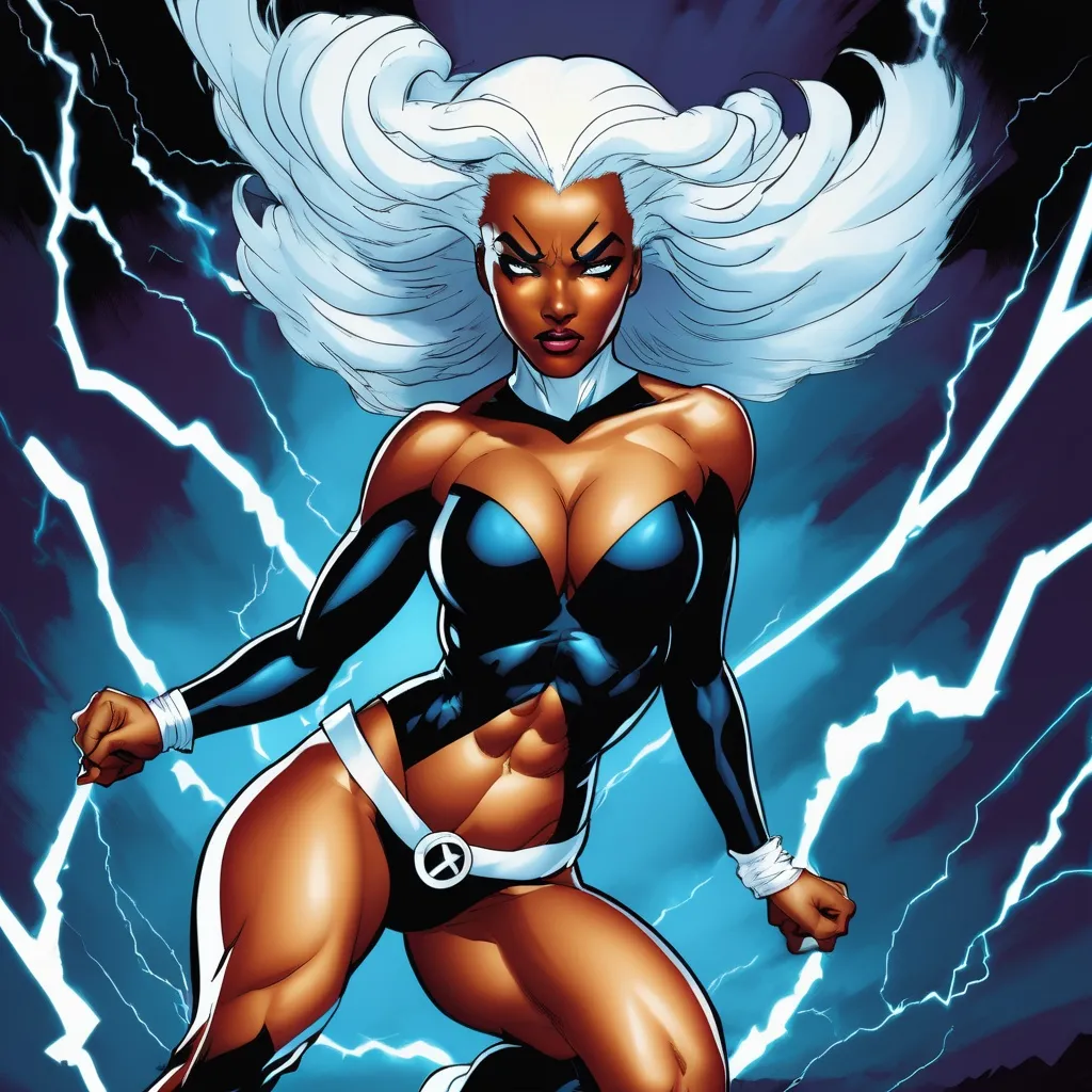 Prompt: Storm from X-men cartoon, intense color palette, digital painting, high quality, intense colors, dramatic lighting, X-men, kinetic energy, digital art, dynamic pose, full body pose