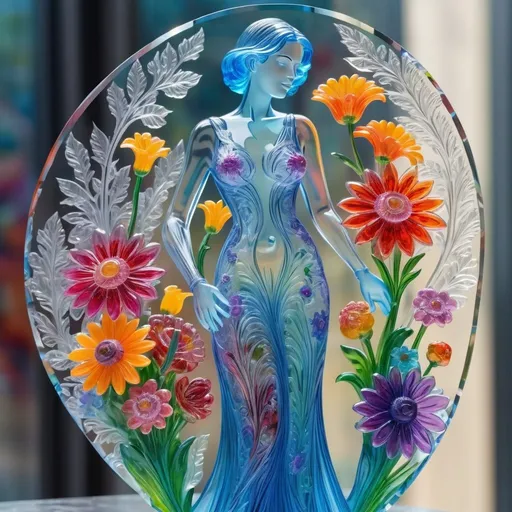 Prompt: A detailed and vibrant transparent glass sculpture of a woman standing with a bouquet of flowers, intricate details, surreal, colorful background