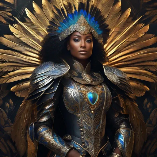 Prompt: Full body portrait of black female paladin in ornate armor with metallic peacock feathers , dramatic lighting, full HD, immense detail, well-lit, intricate patterns, mystical aura, detailed facial features, vibrant color scheme, magical atmosphere, high resolution, detailed armor and weapons , professional digital art, enchanting, dramatic shadows, mystical, enchanting lighting