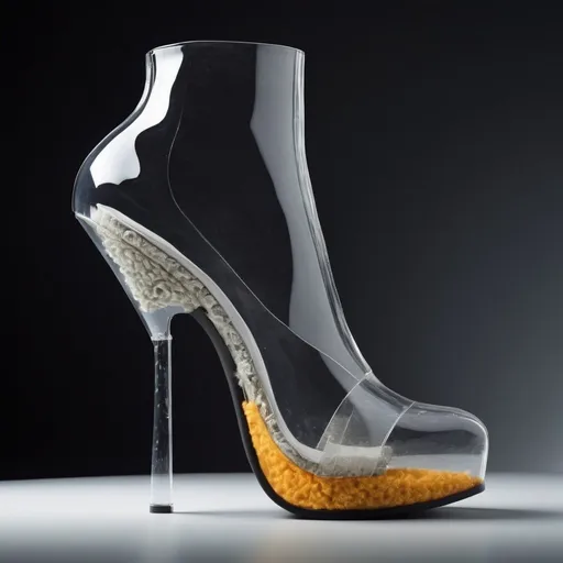 Prompt: Experimental glass shoes, avant-garde, high-concept, cutting edge, unconventional textures and materials, professional lighting, high quality photography 