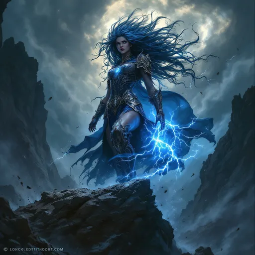 Prompt: Envision a powerful female tempest, her silhouette dynamic and fierce, standing atop a craggy cliff with stormy skies swirling above. Dark, ominous clouds roil around her, crackling with flashes of electric blue lightning that illuminate her determined expression. She wears intricately detailed armor adorned with mystical symbols, glinting in the sporadic bursts of light. Her hair, wild and whipped by the wind, flows like a cascade of tempestuous sea waves, shimmering with hints of silver and deep azure. The air is charged with energy, as gusts of wind whip around her, stirring debris and creating an atmosphere of impending chaos. This scene is reminiscent of dark fantasy concept art, with dramatic lighting accentuating her fierce presence against the backdrop of a turbulent storm.