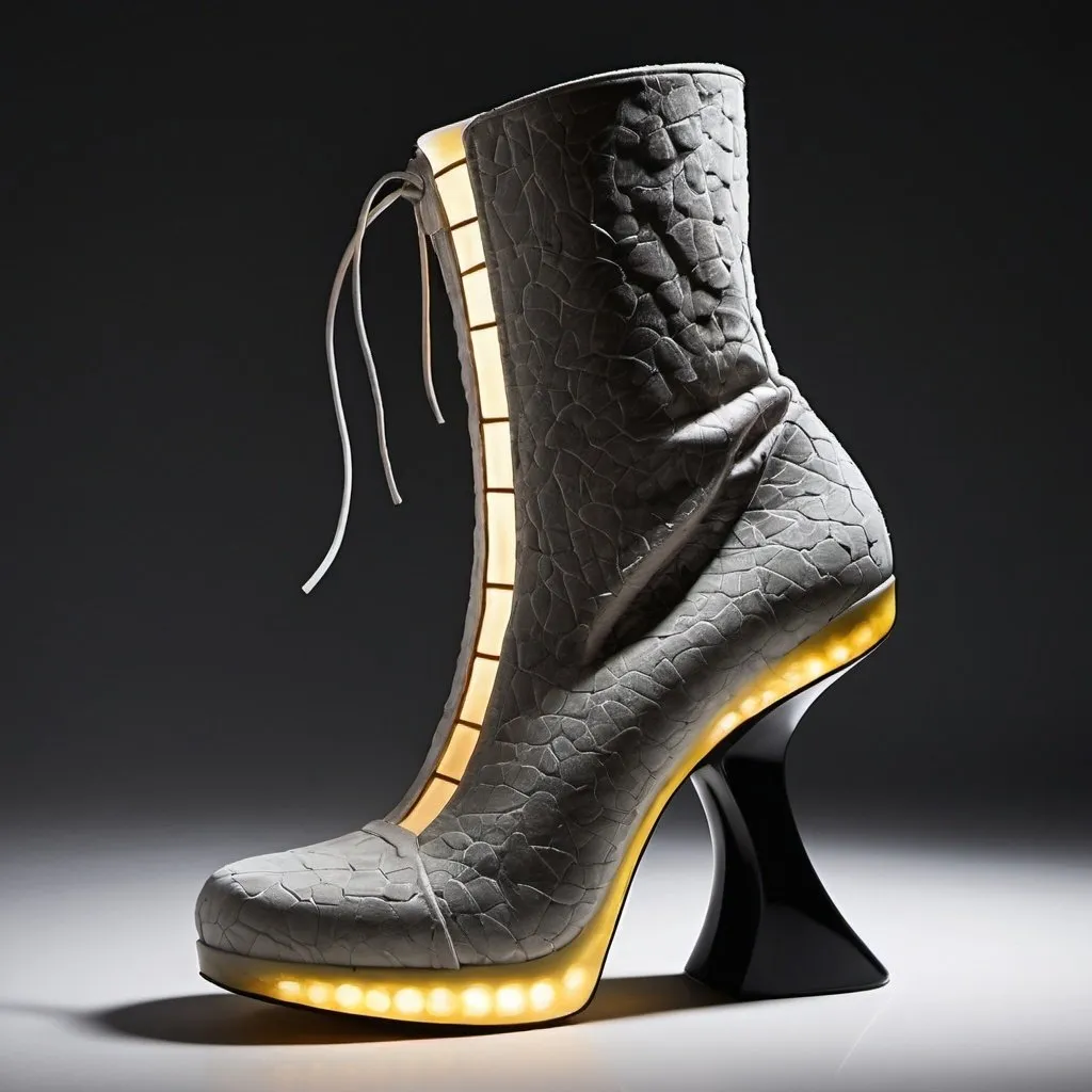 Prompt: Experimental shoes, avant-garde, surreal, high-concept, futuristic materials, unconventional textures and materials, abstract lighting, high quality