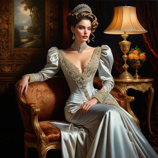 Prompt: Edwardian-style oil painting of a distinguished female fashion model, rich textures and intricate details, opulent and luxurious attire, impeccable posture and confident expression, dramatic lighting and deep shadows, aristocratic setting with ornate furniture and lavish draperies, masterfully crafted, realistic portrayal, regal atmosphere, high quality, oil painting, fashion model, opulent attire, dramatic lighting, aristocratic setting, regal atmosphere, rich textures