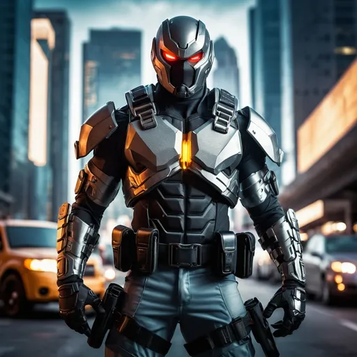 Prompt: (Hero for hire), dynamic action pose, modern cityscape background, cool tone, dramatic lighting, intense and determined expression, wearing a utility belt with gadgets, urban street level view, high-tech armor, ultra-detailed, intricate costume design, high contrast, photorealistic, HD