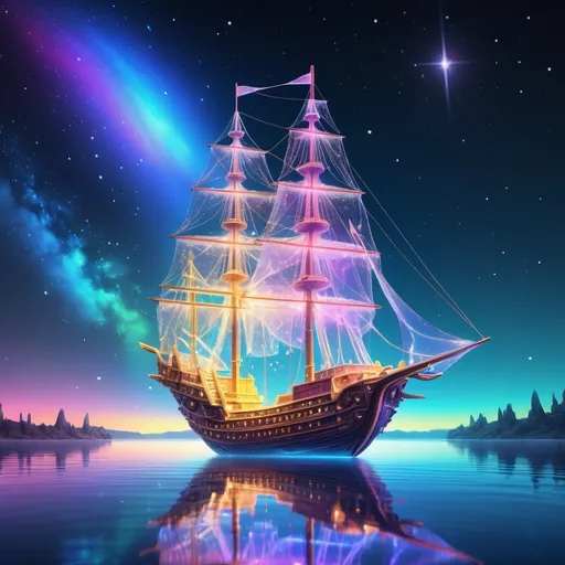 Prompt: The Crystal Ship, (ethereal and shimmering), adorned with glistening crystals, reflecting refracted light in a spectrum of colors, set against a starry night sky. Enveloped in a soft glow, (dreamlike ambiance), gently floating on serene waters, creating an enchanting atmosphere. Emphasizing high detail, 4K resolution, capturing the magic and wonder of this fantastical vessel sailing through a mystical realm.