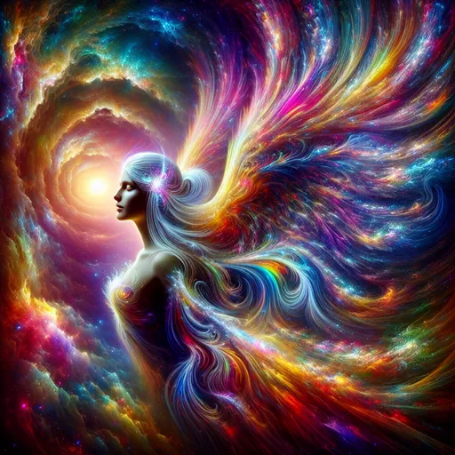 Prompt: (Cosmic, psychedelic rainbow angel), vibrant colors, swirling patterns, ethereal atmosphere, glowing radiance, intricate details of wings and halo, dreamlike background of nebulae and stars, otherworldly glow, transcendent vibe, surreal elements, ultra-detailed, stunning visual depth, mystical aura, celestial wonder, vivid imagery blending fantasy and spirituality, high-quality, captivating composition.
