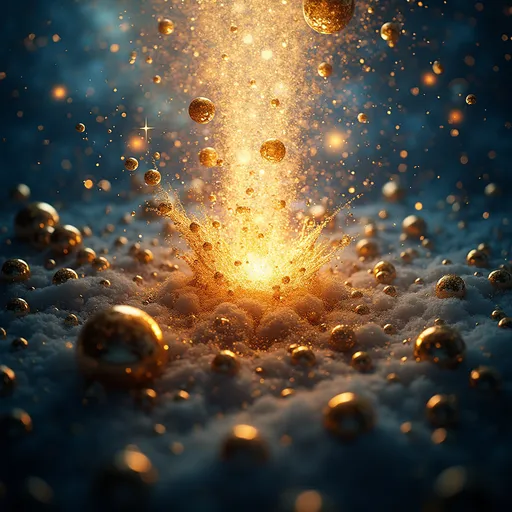Prompt: (Champagne supernova), ethereal cosmic scene, sparkling champagne bubbles floating through a starry galaxy, vibrant colors of gold and deep blue, dramatic light radiating from exploding stars, whimsical atmosphere, celestial bodies swirling, high-definition, ultra-detailed, conveying a sense of wonder and celebration, a blend of surrealism and vibrancy, capturing the essence of beauty in chaos.
