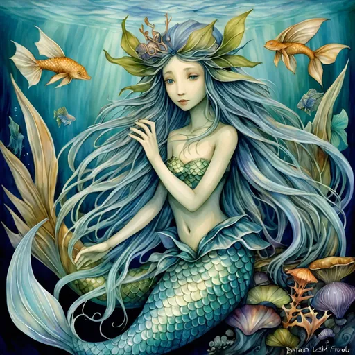 Prompt: Mermaids (fantastical creatures), inspired by Brian Froud’s whimsical style, vibrant colors, ethereal atmosphere, lush underwater scenery, detailed scales and flowing hair, intricate ocean flora