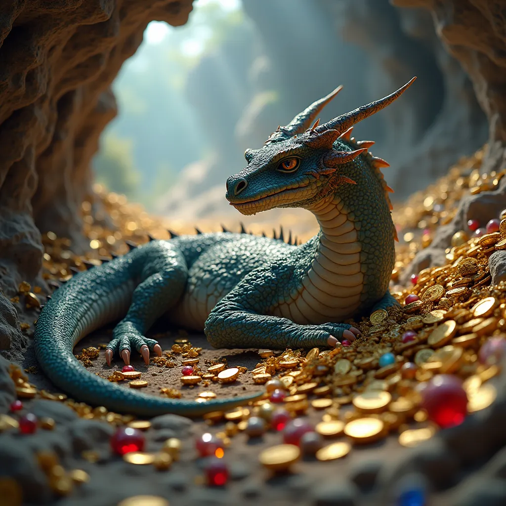 Prompt: (lazy dragon), lounging in a treasure cave, surrounded by a magnificent horde of sparkling gold coins and colorful gems, soft ambient light shining through cave openings, capturing the dragon's laid-back expression and intricately detailed scales, cool tones of shadows complementing the warm glow of treasures, (ultra-detailed), (photorealistic), high realism, atmospheric feel, spacious background filled with jewel-encrusted elements.