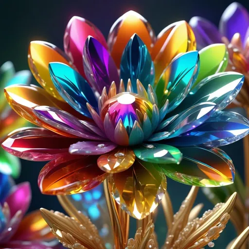 Prompt: (captivating rainbow crystal flowers), vibrant, sparkling colors, intricate and reflective facets, delicate petal shapes, shimmering light patterns, magical ambiance, blending nature and gem-like aesthetics, high detail, ultra-detailed, 4K resolution