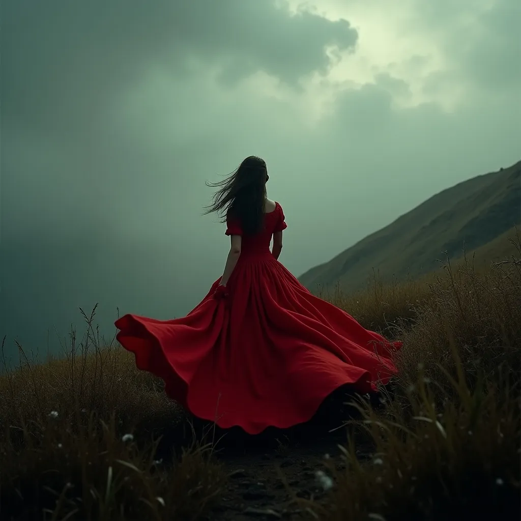 Prompt: (Wuthering Heights scene), (Cathy in a flowing red dress), ethereal landscape, dramatic sky, moody atmosphere, swirling winds, hauntingly beautiful, vintage aesthetic, cinematic depth, stormy vibes, soft focus, rich textures, ethereal ambiance, evocative emotions, romantic tension, HD, ultra-detailed.