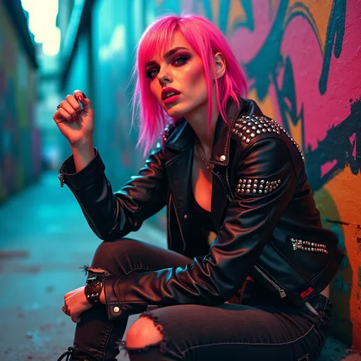 Prompt: (punk rock girl), edgy style, vibrant colors, bold hair (neon pink), expressive makeup, leather jacket adorned with studs, ripped jeans, combat boots, dynamic pose, rebellious attitude, urban alley background, graffiti art, dramatic lighting, energetic atmosphere, cool tones, high(depth) detail, 4K quality, artistic flair.