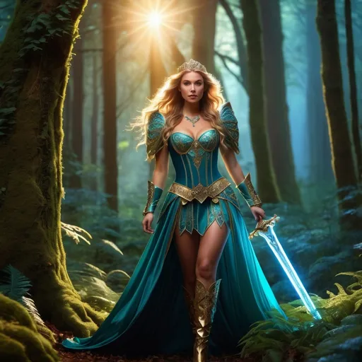 Prompt: Fairytale hero for hire, sword maiden, cinematic, highly detailed, magical realism, enchanting atmosphere, luminous lighting, vibrant colors, whimsical and adventurous, dynamic pose, intricate costume design, glowing fairytale creatures, ultra-detailed, high resolution, 4K, professionally rendered
