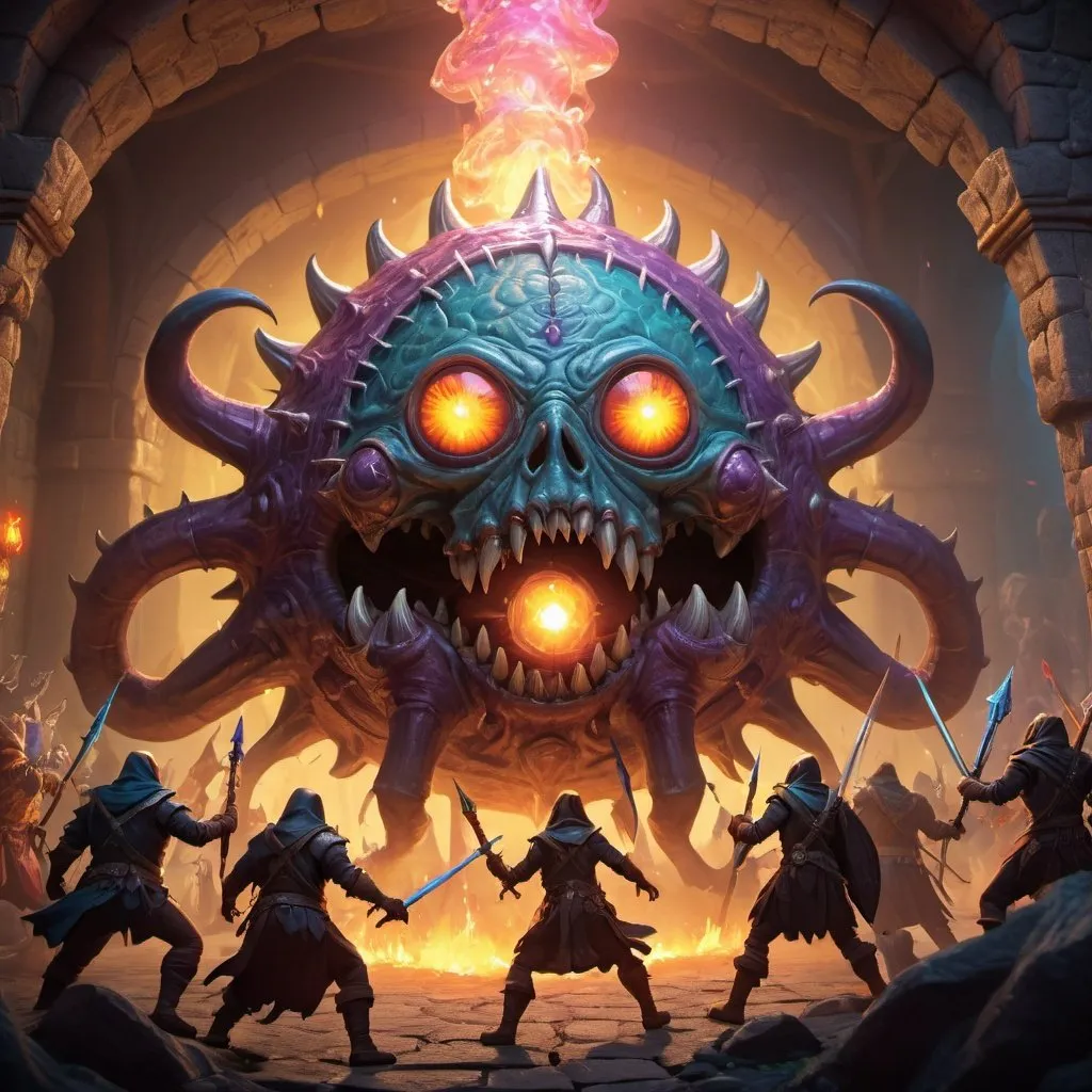 Party of adventurers facing a beholder, 3D rendering...