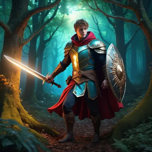 Prompt: Fairytale hero for hire, cinematic, highly detailed, magical realism, enchanting atmosphere, luminous lighting, vibrant colors, whimsical and adventurous, dynamic pose, hero with a sword and shield, intricate costume design, mystical forest background, glowing fairytale creatures, ultra-detailed, high resolution, 4K, professionally rendered.